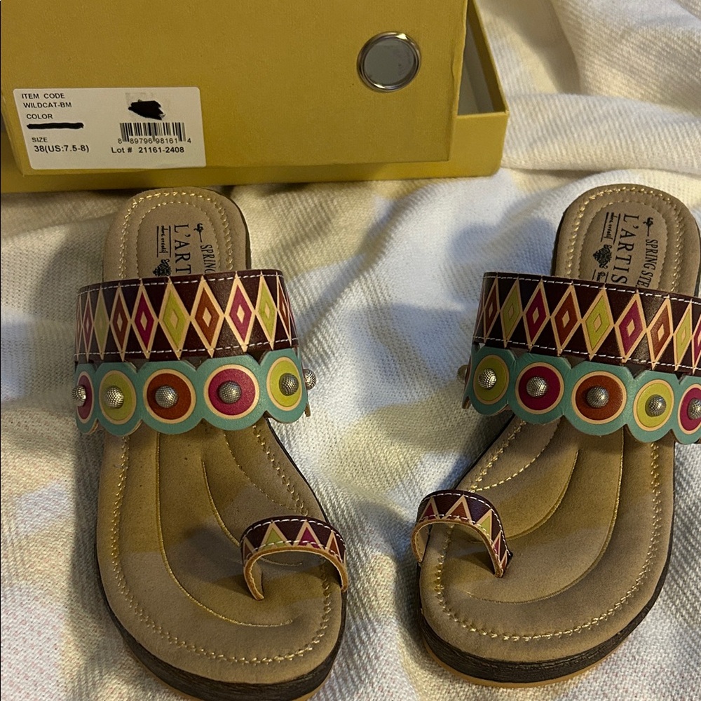 L'ATISTE Multicolor Geometric Toe-Ring Slide Sandals - Turquoise, Red & Lime